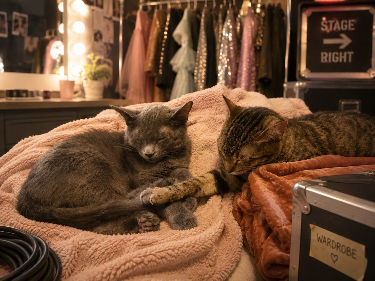 Two cast cats asleep on a blanket beside the Stage Right sign